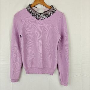 Wool Knit Long Sleeve Sweater Beaded Collar In Lilac Size Small